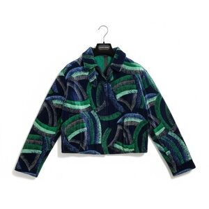 NWOT Giorgio Armani Main Line Navy Emerald Green Silk Caban Jacket, Size 40